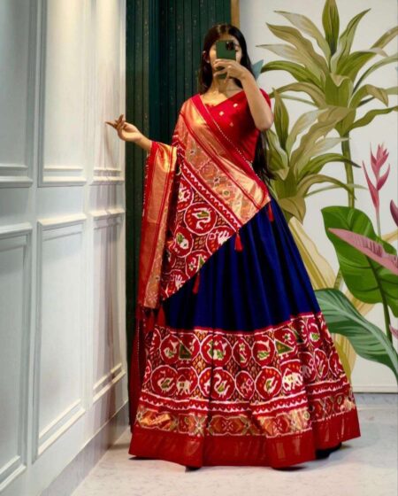 Women's Stitched Tussar Silk Patola Print Lehenga Choli Dupatta Set